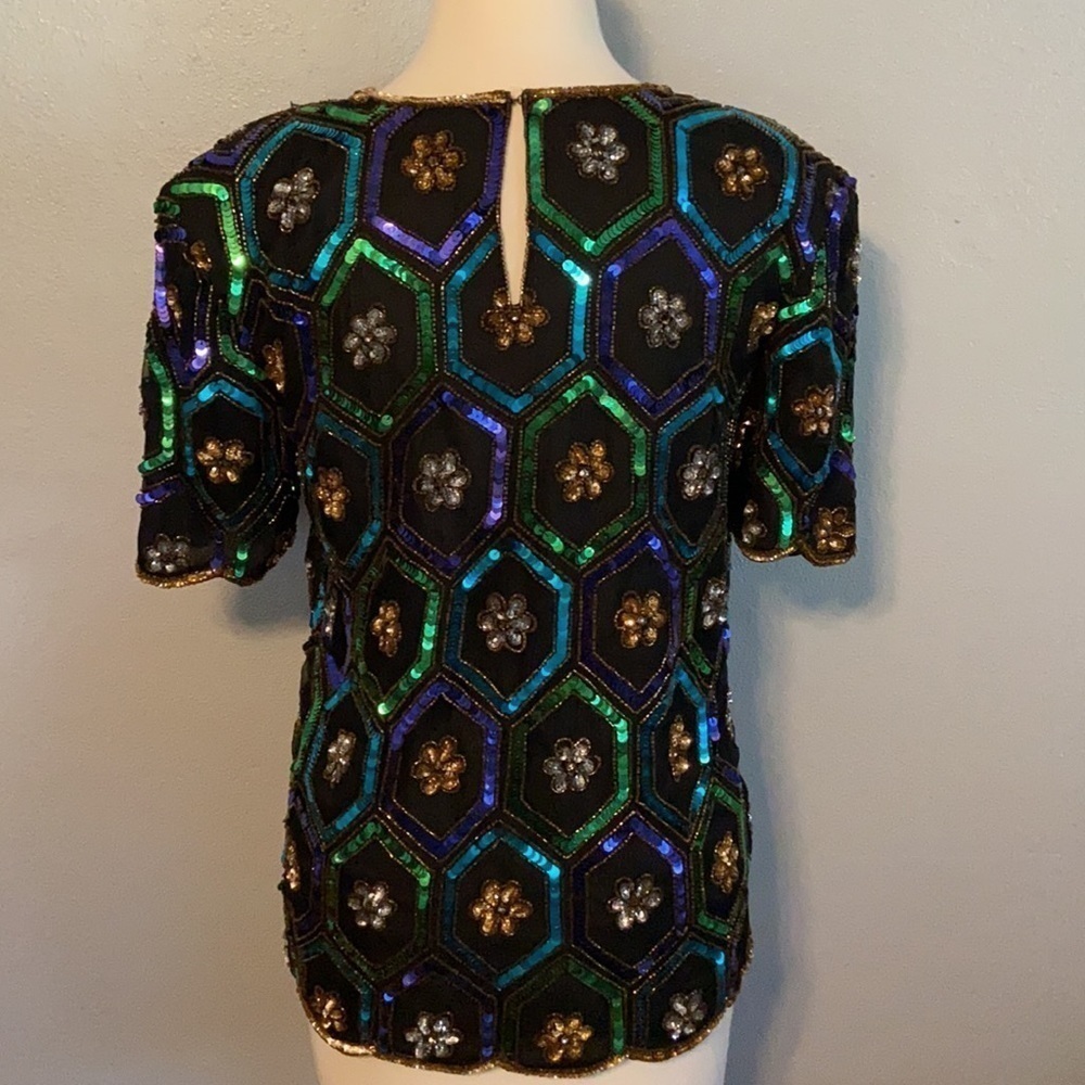 Vintage Y2K Night Vogue Top Heavily Sequined Silk Small Holiday - Picture 4 of 12
